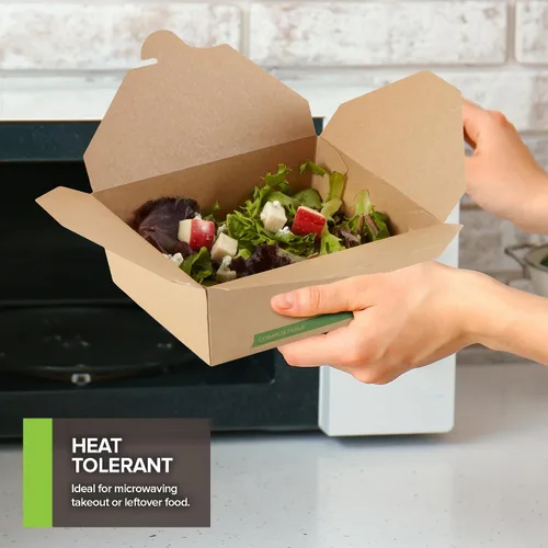Vista 5 de Juego de 50 recipientes desechables de 45 onzas compostables para alimentos, cajas medianas de papel para llevar, cajas de cartón kraft natural