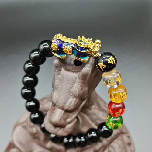Vista 5 de Pulsera de cuentas de Feng Shui de 0.394 in de piedra natural, mantra, color cambiado, pulsera PixiuPi Yao, atrae riqueza y buena suerte