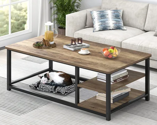 Vista 11 de EXCEFUR Mesa de centro negra, mesa de sala de estar de madera rústica con estante de almacenamiento, mesa central rectangular moderna, 47 pulgadas