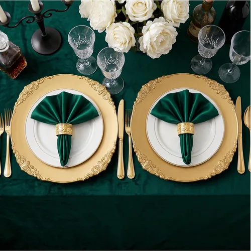 Vista 8 de Okllen Paquete de 12 Platos Base Dorados, Platos Base Redondos para Cena de 13" con Borde en Relieve para Catering, Boda, Decoración de Mesa