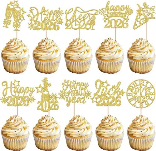 Vista 15 de 1 paquete de decoración para tartas con purpurina de fuegos artificiales para 2026 Año Nuevo 2026, decoración para pasteles de bienvenida 2026
