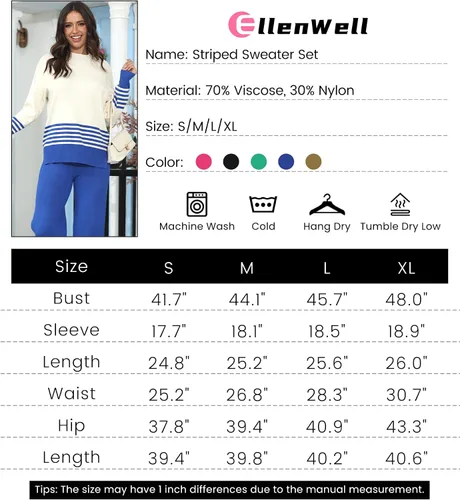 Vista 5 de ELLENWELL Casual Sweater Sets Women 2 piece Outfits Long Sleeve Striped Pullover Top Wide Leg Pants Matching Lounge Sets