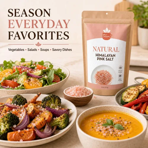 Vista 5 de SPICY ORGANIC Sal natural del Himalaya sin OMG, sal rosa del Himalaya sin gluten, rica en 80 minerales y elementos, 4 onzas.