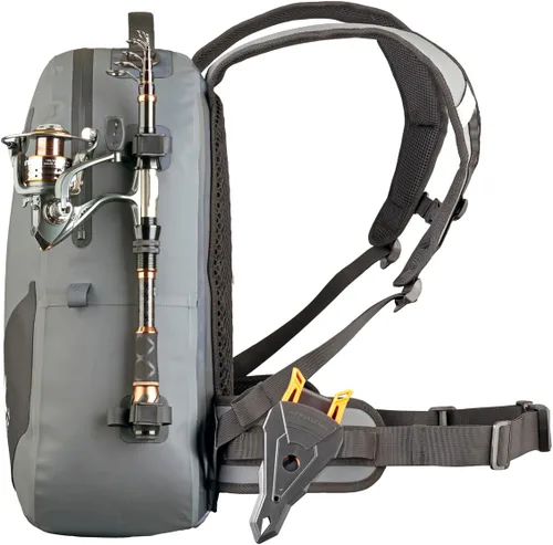 Vista 8 de Xelfly - Mochila de pesca impermeable con soporte para caña, válvula de aire inflable, correas acolchadas para la cintura y bucles para engranajes