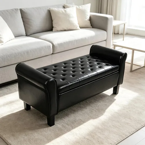 Vista 8 de 51 Inch Black Faux Leather Storage Ottoman Bench with Rolled Armrests Leather-black-51 Inch