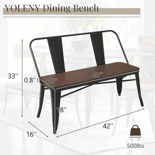 Vista 2 de YOLENY Banco de comedor, banco de entrada con respaldo, banco de comedor de metal de granja, banco industrial de mediados de siglo para 3 personas
