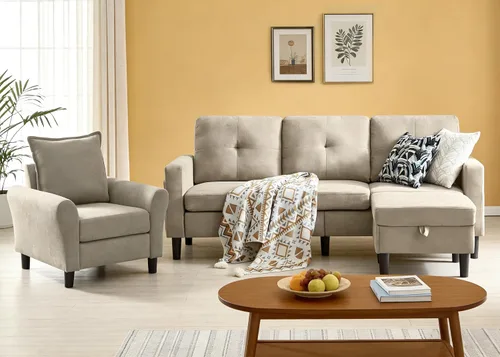 Vista 10 de Sofá modular para sala de estar, sofá en forma de L, sofás seccionales convertibles de 3 asientos con otomana de almacenamiento extraíble, tela