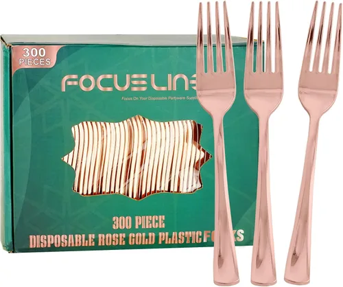 Vista 10 de FOCUSLINE Paquete de 300 tenedores desechables de plástico dorado, tenedores de plástico sólido y duradero, cubiertos desechables resistentes