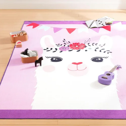 Vista 4 de Home Dynamix Everwash Imagine Llama Kids Alfombra lavable a máquina, morado/blanco, 4 x 6 pies