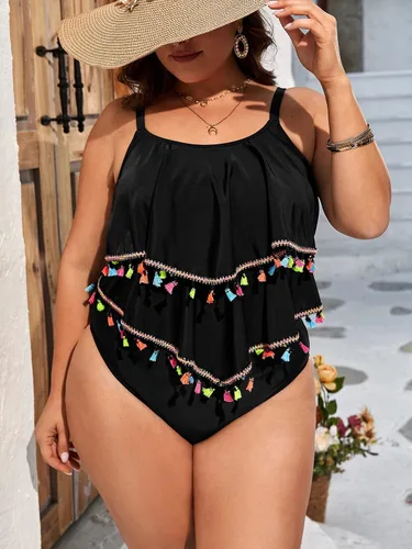 Vista 4 de SOLY HUX Women's Plus Size Tankini Set Tassel Trim Ruffle Hem Bikini Bathing Suits 2 Piece Swimsuit