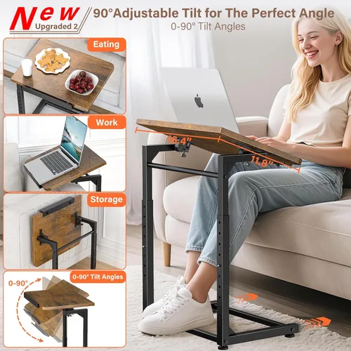 Vista 4 de Mesa para Bandeja de TV, Mesa Lateral para Sofá Ajustable en 8 Alturas, Mesa de Extremo en Forma de C con Ajuste de Ángulo de Inclinación de 90°