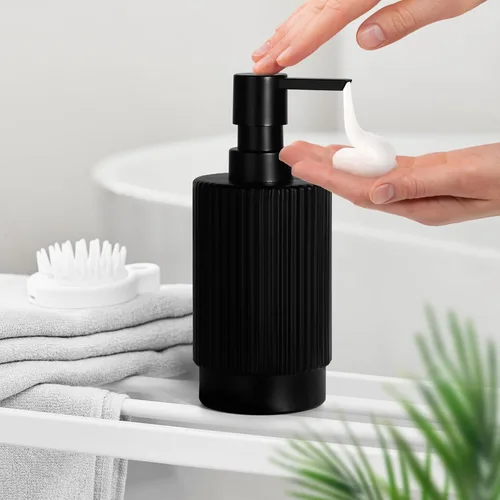 Vista 4 de VIMERPA Dispensador de Jabón Negro, Dispensadores de Jabón de Manos de 11 fl oz para Baño, Dispensador de Jabón de Platos de Vidrio Acanalado Negro