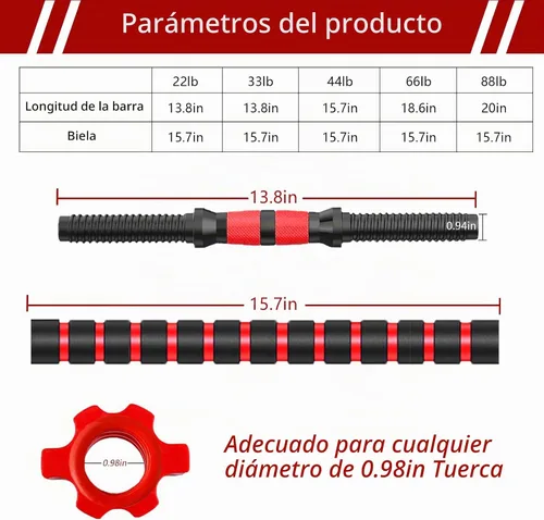 Vista 5 de Juego de mancuernas para discos de peso de 1 pulgada de ancho, asas de barra roscadas duraderas, accesorios de levantamiento de pesas ajustables