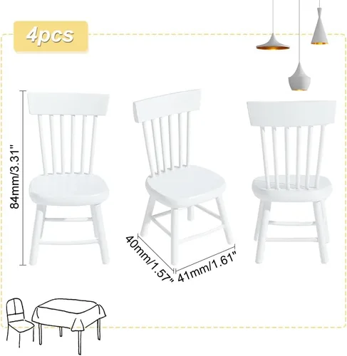 Vista 6 de PH PandaHall 4 sillas de muebles en miniatura de 1/12, mini sillas de madera, muebles pequeños, modelo de silla para boda, Navidad, mini casa Blanco