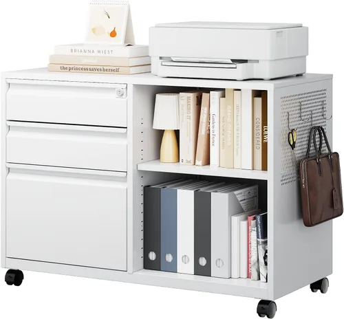 Vista 12 de Letaya Archivador móvil de 2 cajones con cerradura, soporte lateral de metal para impresora, gabinetes de almacenamiento de archivos con estantes
