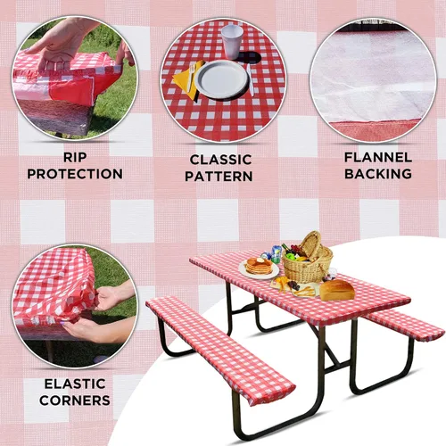 Vista 5 de Protector en las esquinas contra rasgaduras, 6 pies, mantel de vinilo ajustable para picnic con fundas de banco, impermeable, PEVA, juego de 3