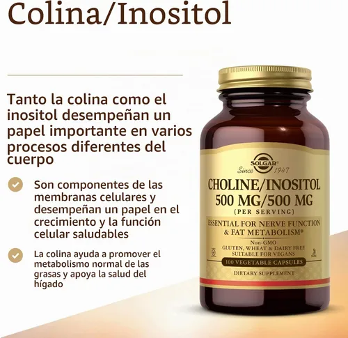 Vista 3 de Cápsulas de solina/inositol Solgar de 0.017 onzas, vegetales, 100