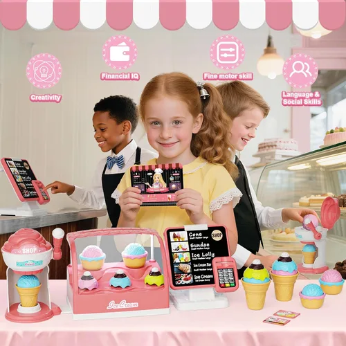 Vista 4 de Juego de juguetes de helado, tienda de juegos de simulación, contador de helados con luz, juego para hacer helados, juguete de cajero con sonido