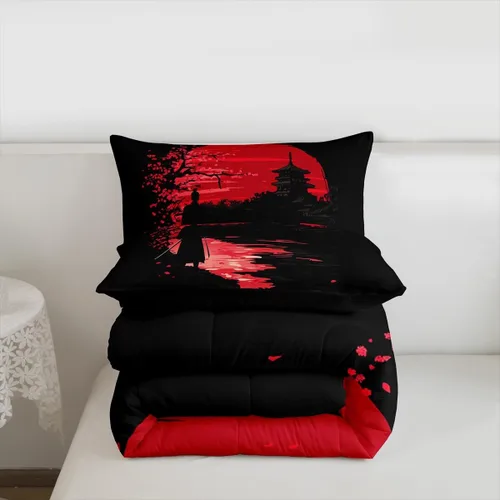 Vista 7 de Erosebridal - Juego de edredón Samurai, juego de ropa de cama al atardecer, edredón japonés de samurái cálido y suave, decoración de dormitorio