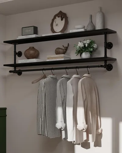 Vista 9 de Perchero negro de 36 pulgadas, perchero montado en la pared con estante de madera real negra, perchero colgante resistente, barra para colgar