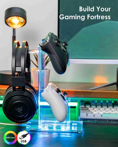 Vista 53 de OAPRIRE Headset and Controller Stand with Lights, 2 Tier Acrylic Game Controller Holder, Controller and Headset Stand for Desktop,Universal Design