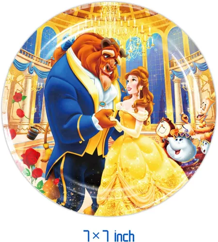 Vista 2 de DoMiDoLa 40 suministros de fiesta de La Bella y la Bestia incluyen 20 platos, 20 servilletas para la decoración de fiesta de cumpleaños de La Bella