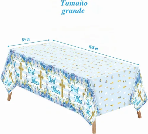 Vista 2 de Paquete de 3 manteles azules para fiesta de bautismo para bebé, decoración con temática de flores, desechables, de plástico, impermeables