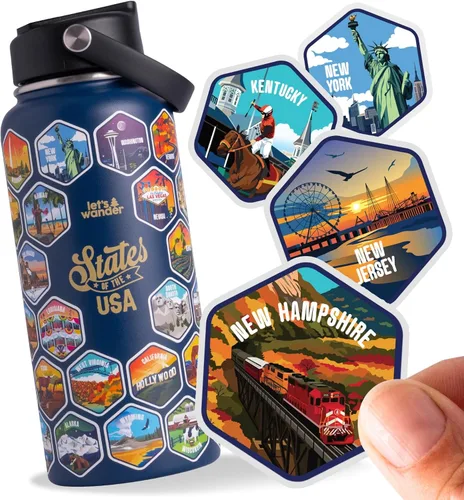 Vista 11 de LET'S WANDER Lets Wander 50 States - Botella de agua con calcomanías impermeables, acero inoxidable aislado a prueba de fugas de 32 onzas