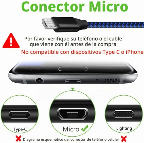 Vista 2 de Cable micro USB, 3 unidades, cargador Android de 10 pies, cable de carga Azul