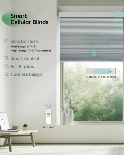Vista 2 de Yoolax Persianas celulares motorizadas compatibles con Alexa, persianas opacas inteligentes de panal con control remoto para ventanas