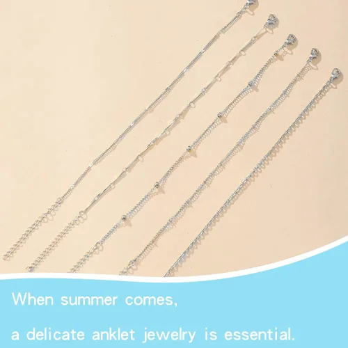 Vista 4 de Dcfywl731 Tobillera de cinco capas para mujer, cadena de cuentas de plata y oro, tobillera para adolescentes y niñas, pulseras de tobillo de varias