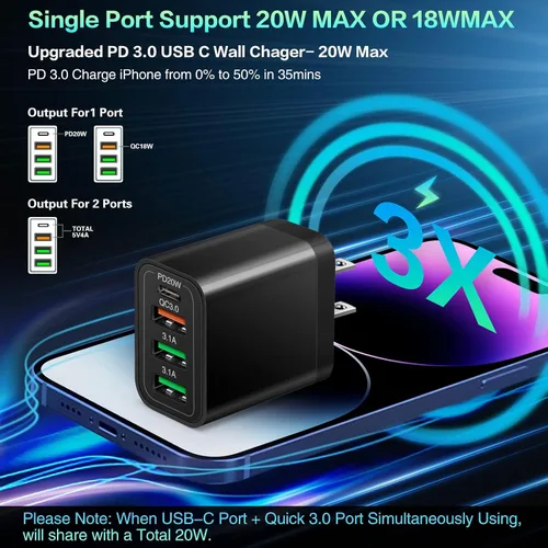 Vista 3 de [Paquete de 4] Cargador de pared USB-C, adaptador de corriente rápido 3.0+PD 3.0 de 35 W y 4 puertos