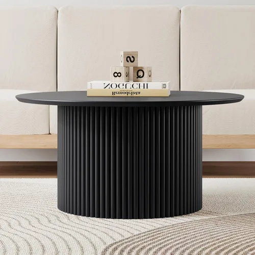 Vista 8 de Mesa de café redonda de 31.5", Mesa de centro moderna con acento acanalado y marco de metal, mesas de café de madera redondas para sala de estar