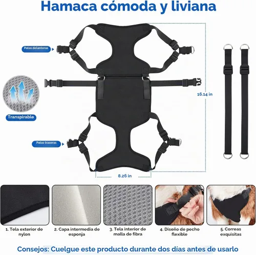 Vista 3 de Hamaca de aseo para mascotas 2 en 1 con arnés sin tirones, se desmonta en correa, bucle ajustable, ganchos de acero inoxidable, tamaño pequeño