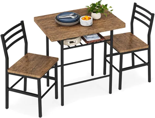 Vista 12 de JUMMICO Juego de mesa redonda y silla de madera de 3 piezas, ahorro de espacio, rincón de desayuno, mesa de grano de madera con marco de metal