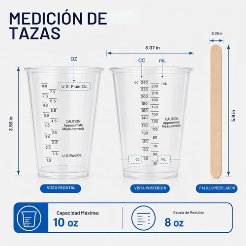 Vista 4 de Taeku Vasos medidores de plástico con varillas de mezcla, taza transparente