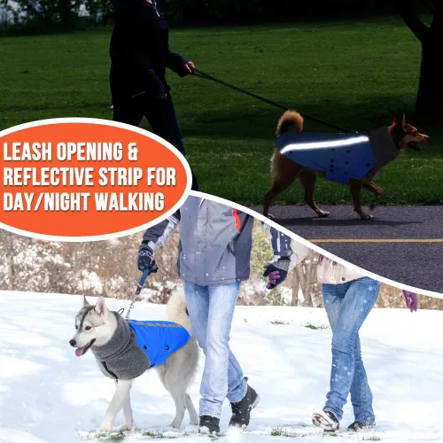 Vista 7 de SlowTon Abrigo de invierno para perro, cálida chaqueta para perros con forro polar para exteriores con bufanda de cuello alto, raya reflectante E.