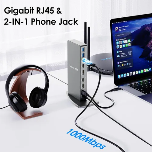 Vista 9 de [Usado] Estación de acoplamiento DisplayLink de doble monitor, WAVLINK 14 en 1 USB-C/A para laptop con HDMI 2x5K, DP 2x5K, Ethernet de 1000 Mbps, 6