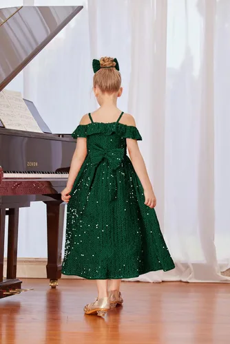 Vista 4 de GRACE KARIN Vestido de niña con hombros descubiertos y lentejuelas brillantes con nudo de lazo, 6-12 años