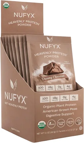 Vista 10 de NUFYX® Proteína en polvo de propiedad familiar, a base de plantas orgánicas, hecha con guisantes 100% cultivados en Estados Unidos, 0.71 onzas