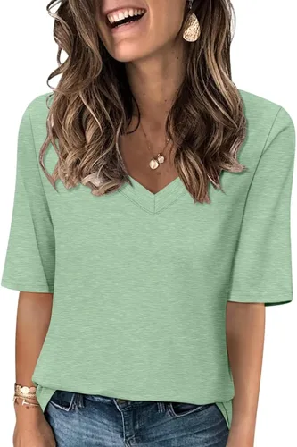 Vista 9 de Minetom Camisetas de verano básicas de media manga con cuello en V para mujer