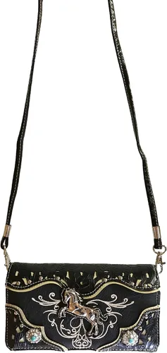 Vista 3 de Zelris Cartera cruzada de cuero vegano de PU bordada con caballo de cría occidental, Negro -, Zelris Damasco