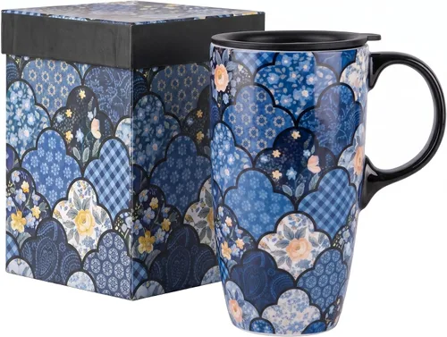 Vista 13 de Taza de café de cerámica de 17 onzas con tapa y asa, taza de viaje floral púrpura, apta para microondas y lavavajillas, taza de café grande con caja