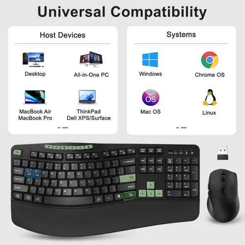 Vista 8 de Combo de teclado y mouse inalámbricos, teclado ergonómico con 6 teclas multimedia, teclado de tamaño completo 2.4G con reposamuñecas, mouse