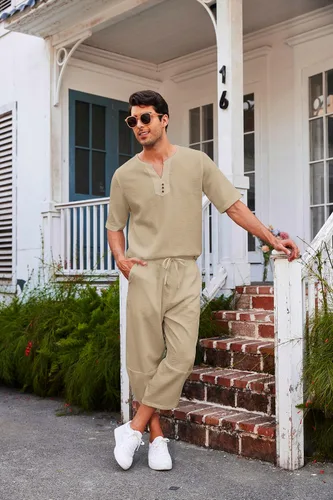 Vista 7 de COOFANDY Conjunto de 2 piezas de lino para hombre, camisa Henley de manga corta y pantalones capri harén, pierna ancha, holgados, pantalones de yoga