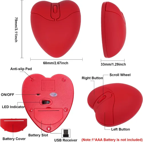 Vista 7 de Ratón inalámbrico Bluetooth lindo ratón rojo en forma de corazón 2.4GHz y Bluetooth 1000DPI Ratones ópticos de computadora con receptor USB, ratones
