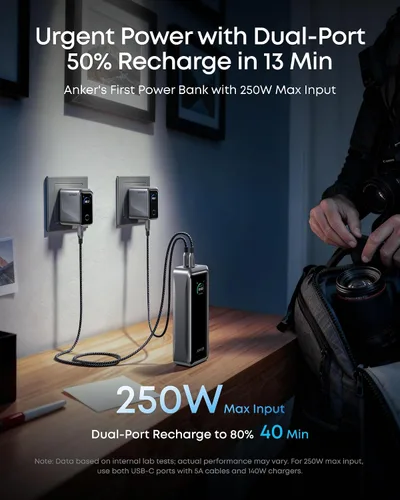 Vista 5 de Anker Prime Power Bank, banco de energía portátil de 3 puertos de 26,250 mAh con salida máxima de 300 W, carga bidireccional, aprobado por la TSA