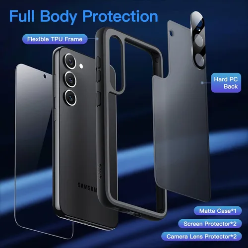 Vista 8 de JETech Funda 5 en 1 mate para Samsung Galaxy S23, color negro 2 Tempered Glass Screen Protectors, 2 Camera Lens Protectors, Translucent Back