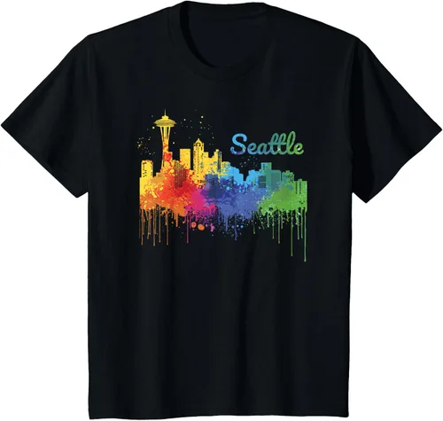 Vista 28 de Seattle Washington Skyline Watercolor Souvenir Seattle Camiseta, Negro
