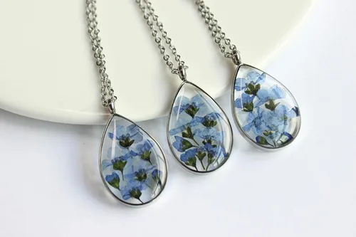 Vista 3 de SI EASY Forget Me Not Pressed - Collar de flores azules floral, secado real, naturaleza botánica, colgante moderno de lágrima, regalo de novia, día